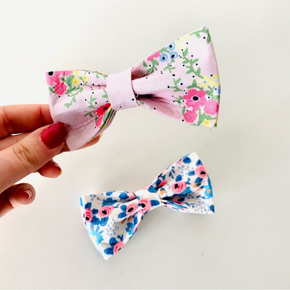 2 NEW HANDMADE Light Blue Pink Blush Floral Dog Cat Pet Collar Elastic Bow Tie